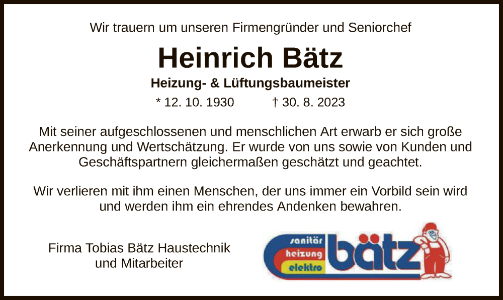  Traueranzeige für Heinrich Bätz vom 02.09.2023 aus HZ