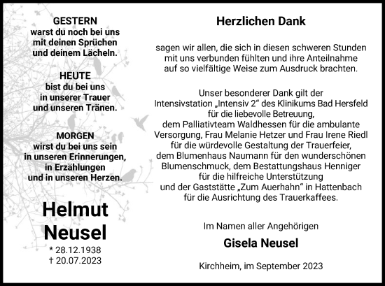 Traueranzeige von Helmut Neusel von HZ