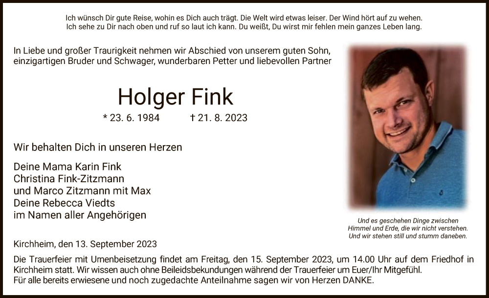  Traueranzeige für Holger Fink vom 13.09.2023 aus HZ