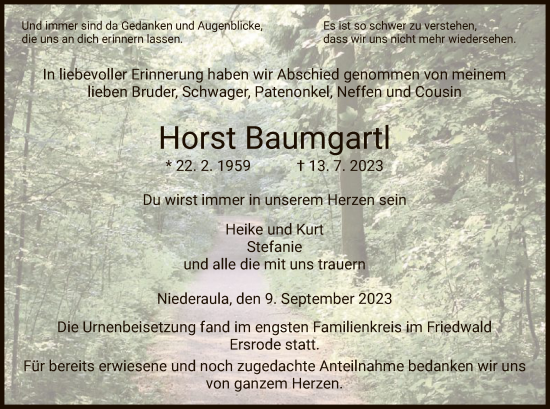 Traueranzeige von Horst Baumgartl von HZ