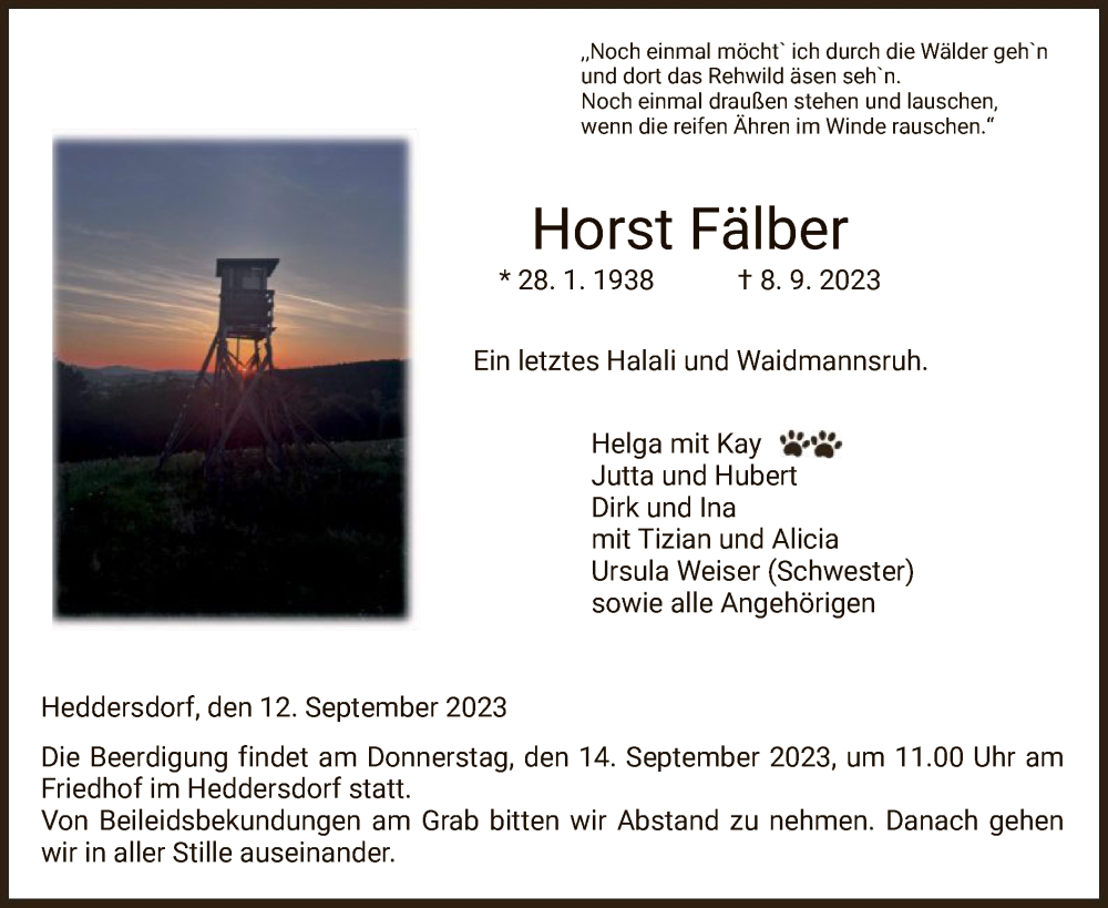  Traueranzeige für Horst Fälber vom 12.09.2023 aus HZ