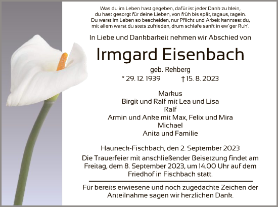 Traueranzeige von Irmgard Eisenbach von HZ