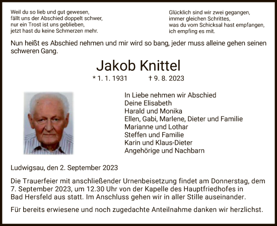 Traueranzeige von Jakob Knittel von HZ