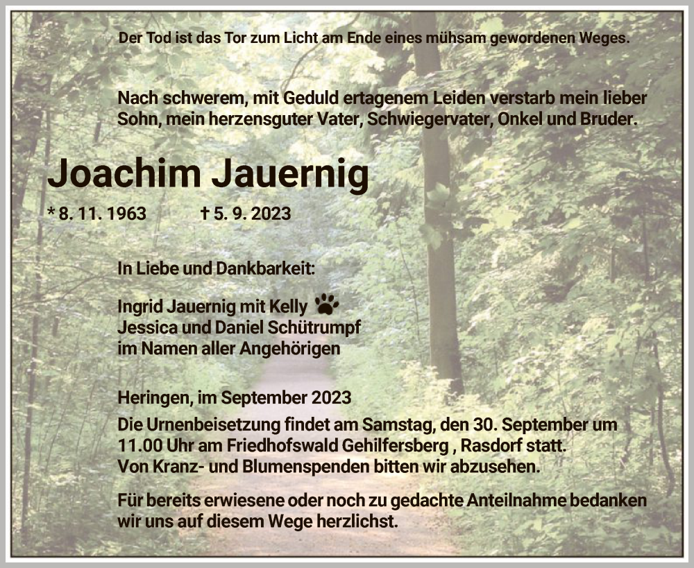  Traueranzeige für Joachim Jauernig vom 23.09.2023 aus HZHNA