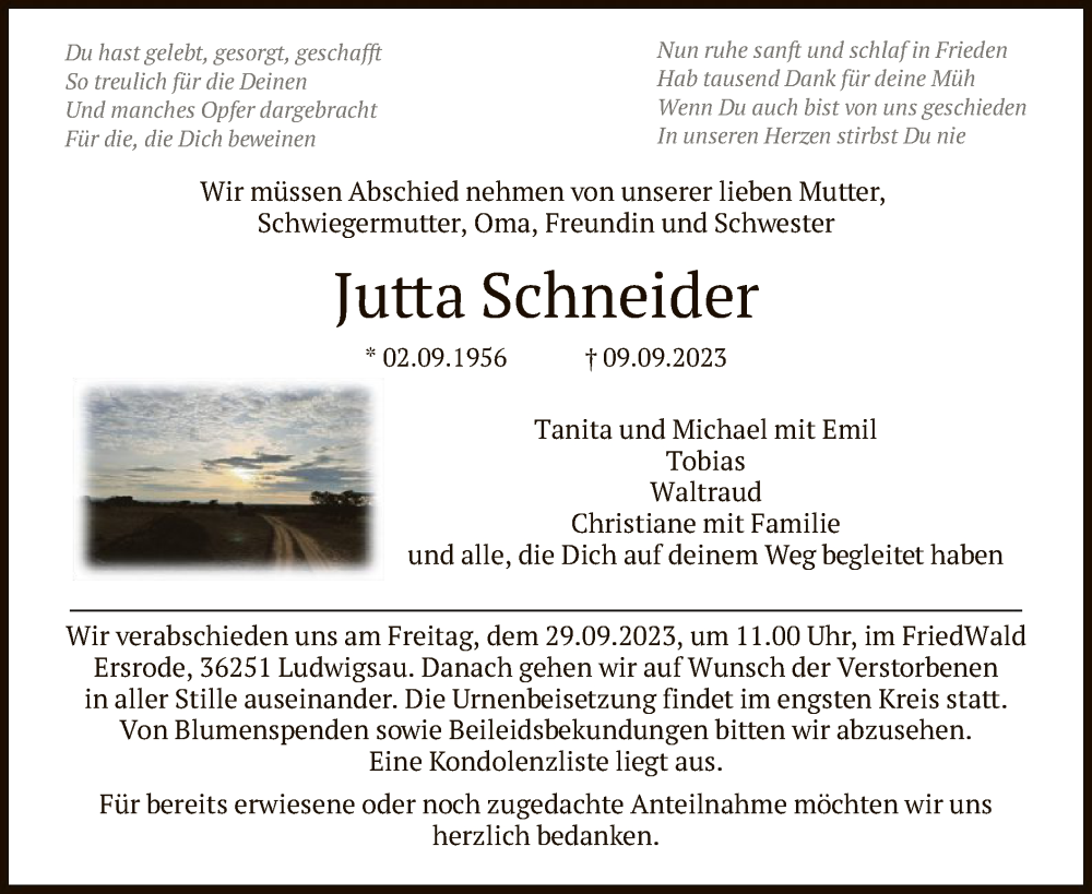  Traueranzeige für Jutta Schneider vom 23.09.2023 aus HZHNA