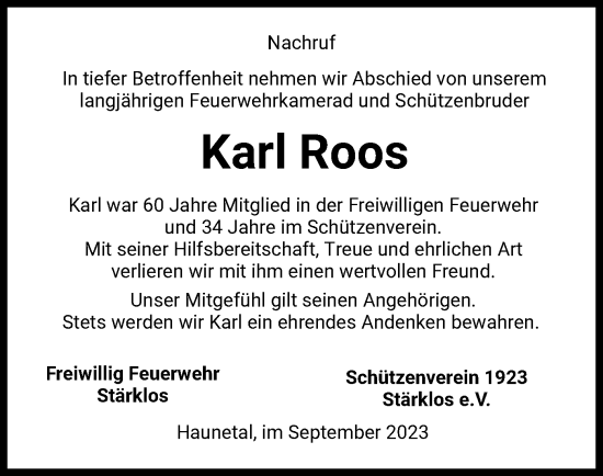 Traueranzeige von Karl Roos von HZ