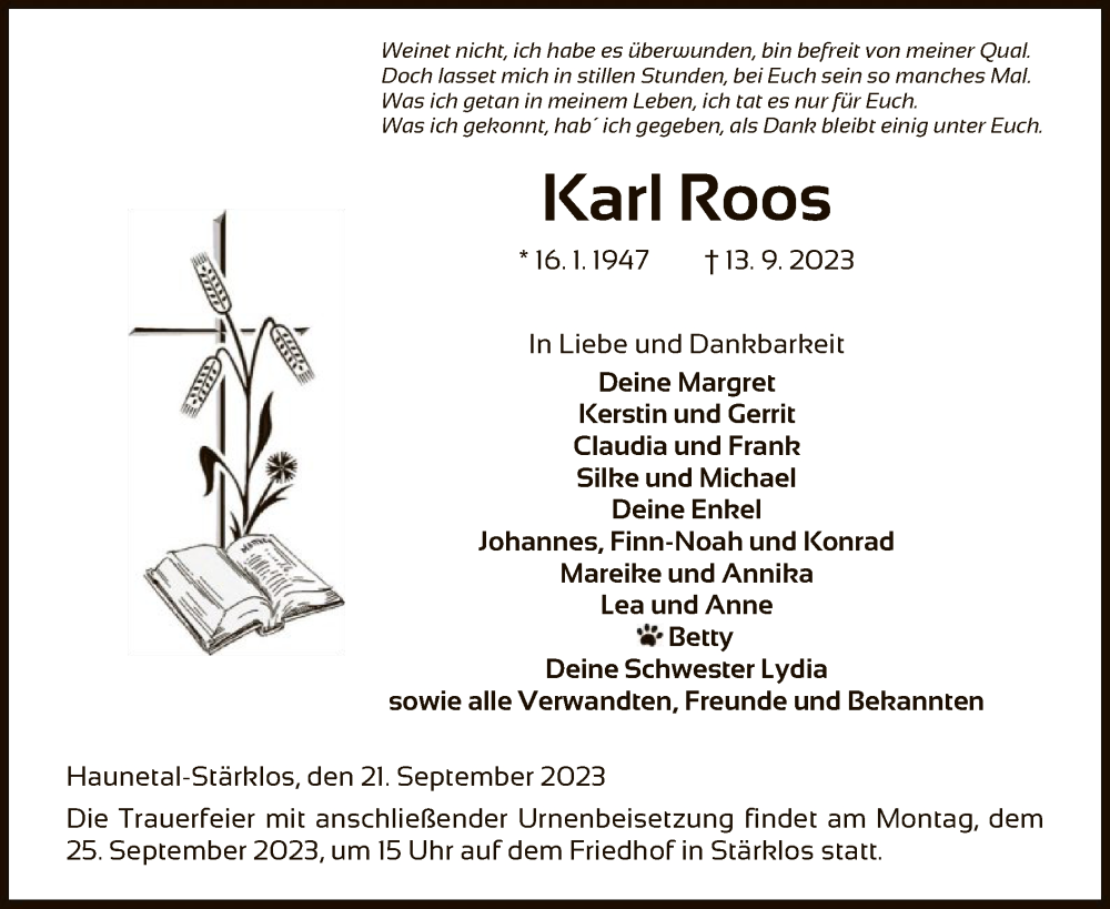  Traueranzeige für Karl Roos vom 21.09.2023 aus HZ