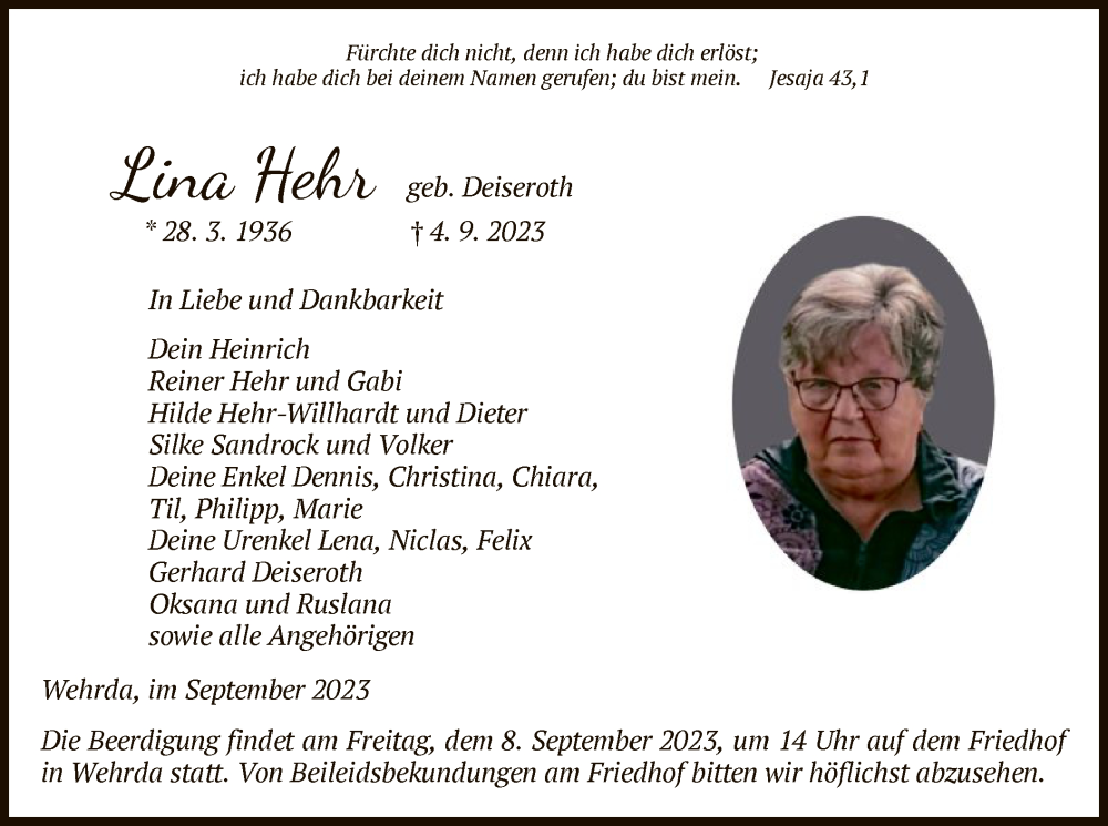  Traueranzeige für Lina Hehr vom 06.09.2023 aus HZ