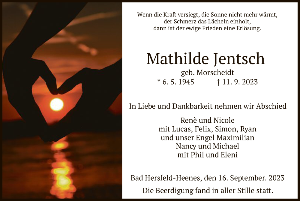  Traueranzeige für Mathilde Jentsch vom 16.09.2023 aus HZ