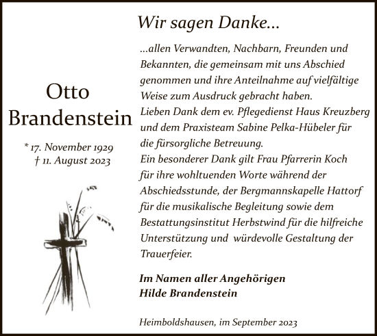 Traueranzeige von Otto Brandenstein von HZ