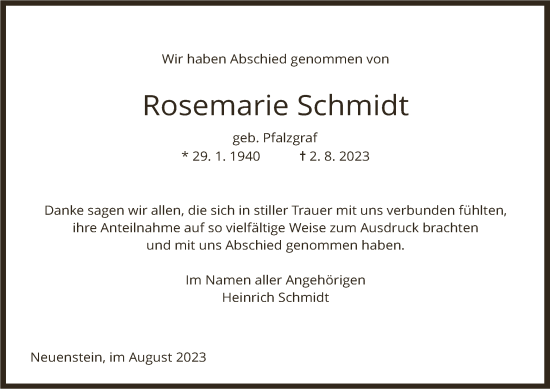 Traueranzeige von Rosemarie Schmidt von HZ