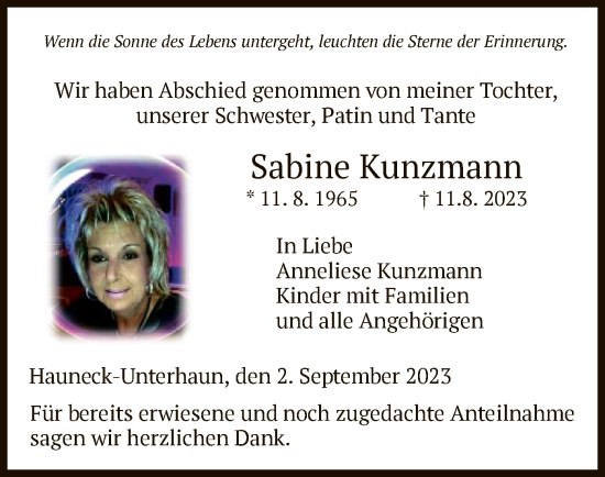 Traueranzeige von Sabine Kunzmann von HZHNAHNA