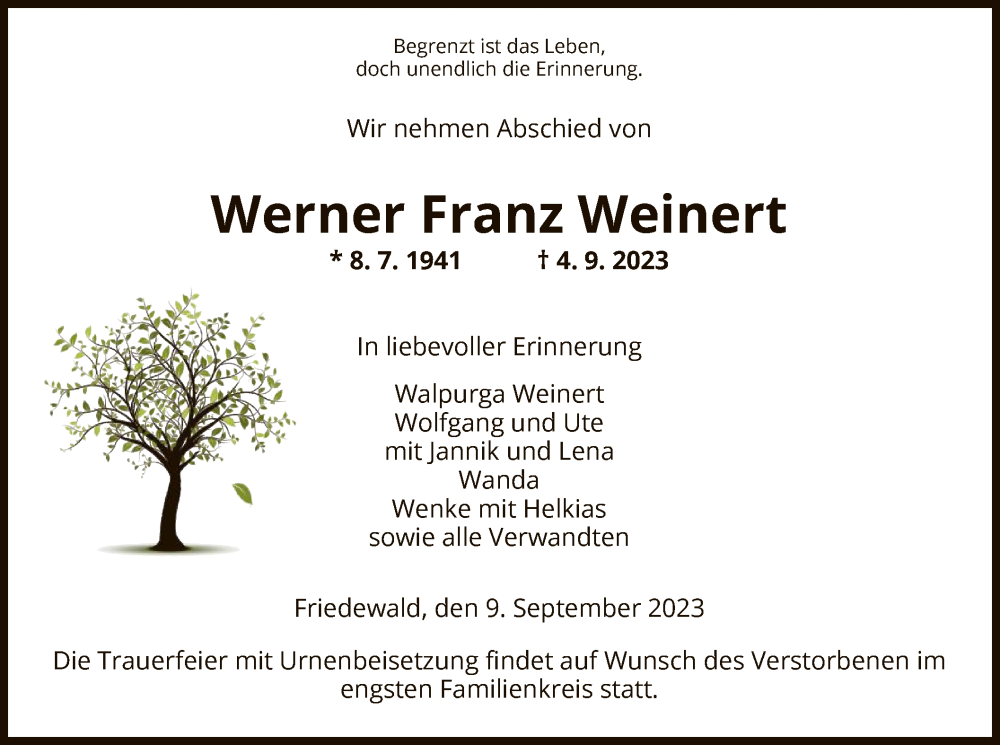  Traueranzeige für Werner Weinert vom 09.09.2023 aus HZ