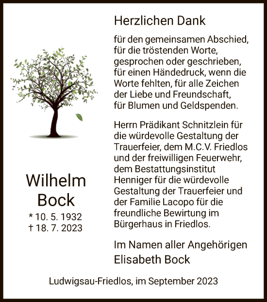 Traueranzeige von Wilhelm Bock von HZHNAHNA