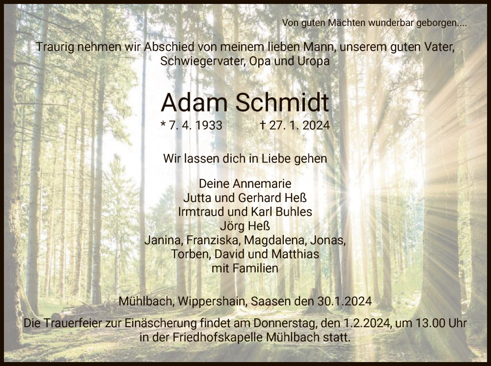  Traueranzeige für Adam Schmidt vom 30.01.2024 aus HZ