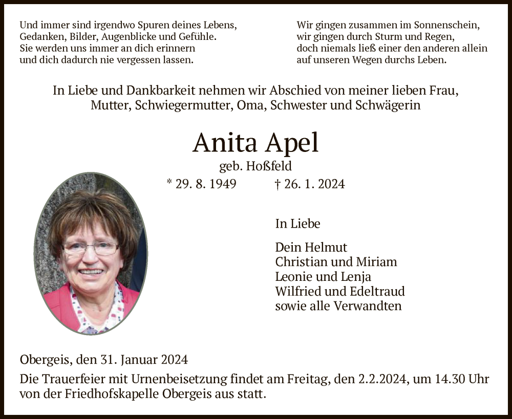  Traueranzeige für Anita Apel vom 31.01.2024 aus HZ