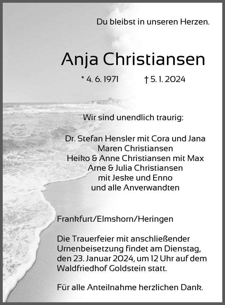  Traueranzeige für Anja Christiansen vom 20.01.2024 aus HZHNA