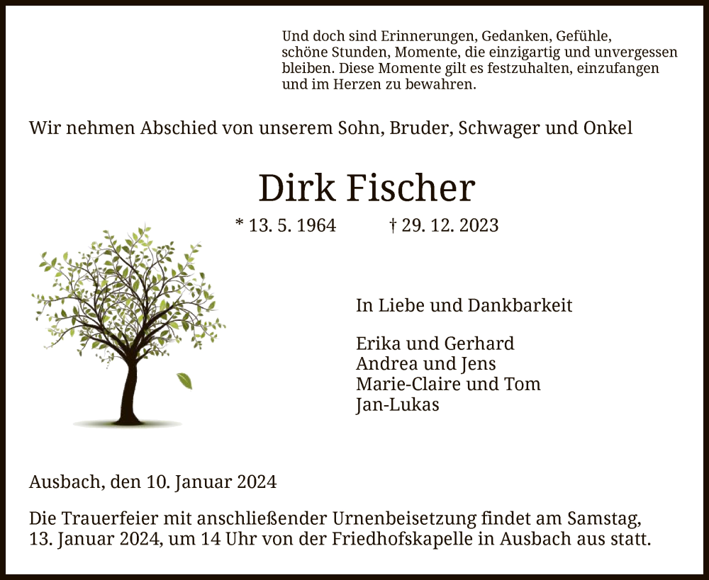  Traueranzeige für Dirk Fischer vom 10.01.2024 aus HZ