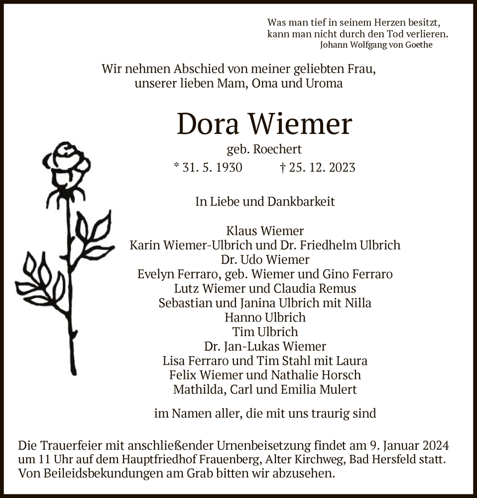  Traueranzeige für Dora Wiemer vom 06.01.2024 aus HZ
