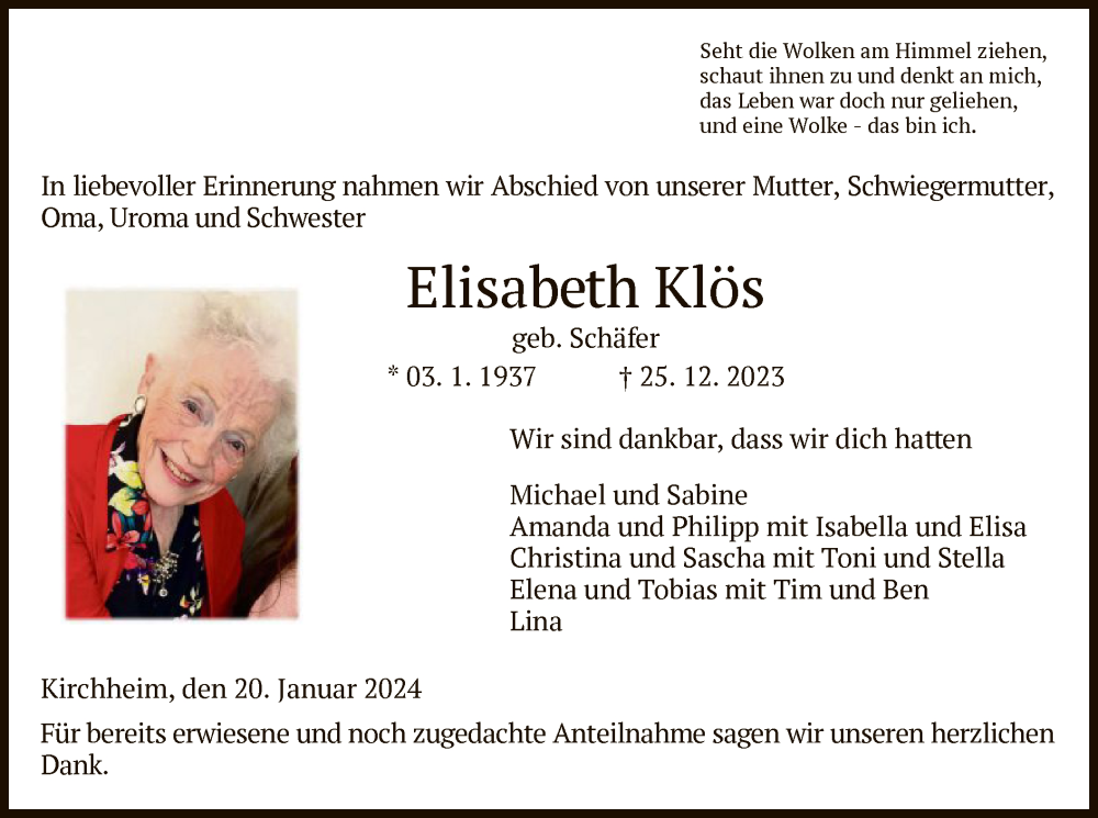  Traueranzeige für Elisabeth Klös vom 20.01.2024 aus HZHNA