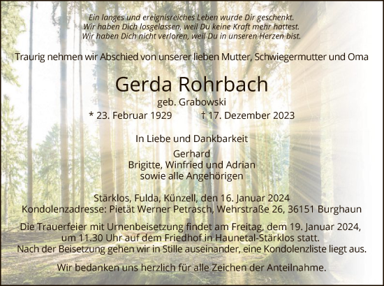 Traueranzeige von Gerda Rohrbach von HZ