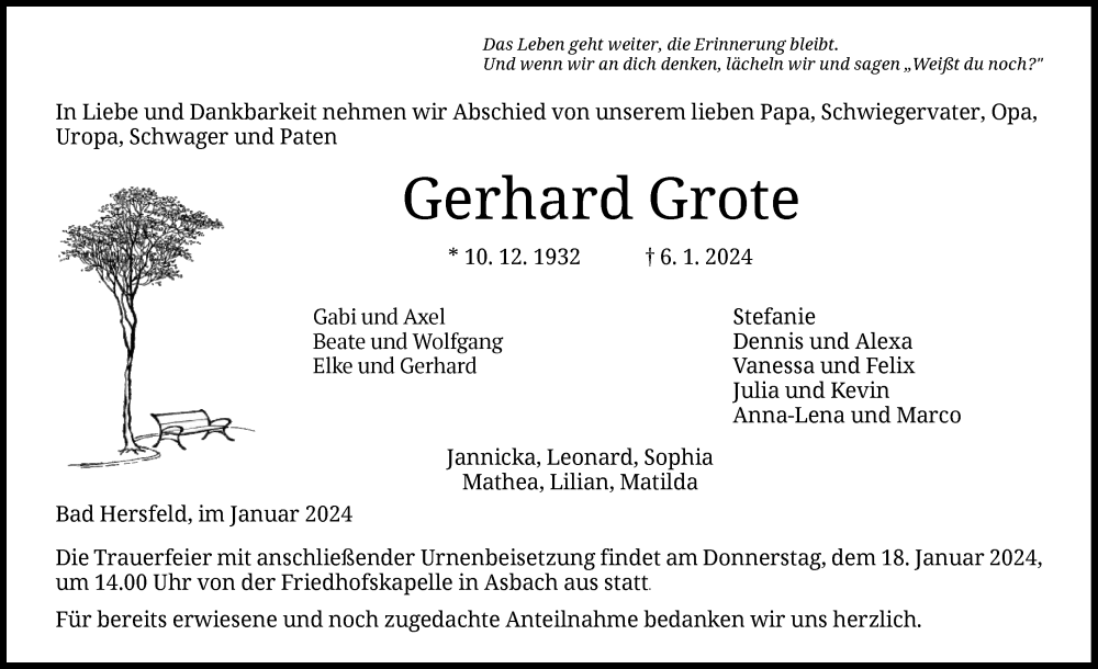  Traueranzeige für Gerhard Grote vom 13.01.2024 aus HZ