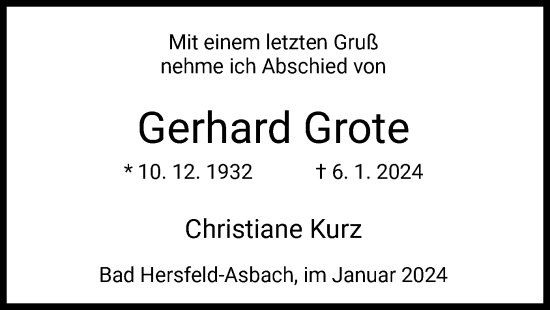 Traueranzeige von Gerhard Grote von HZ