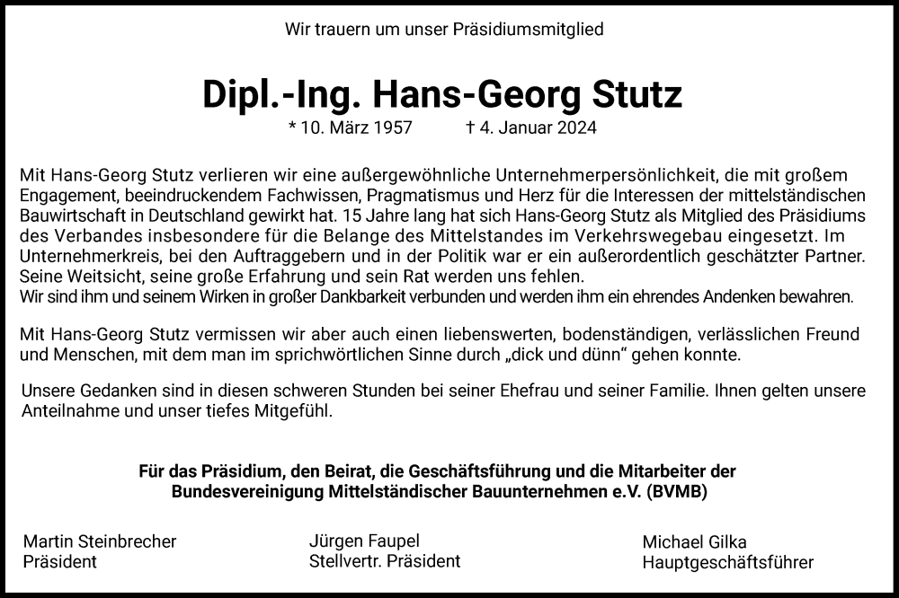  Traueranzeige für Hans-Georg Stutz vom 13.01.2024 aus HZ