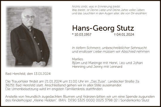 Traueranzeige von Hans-Georg Stutz von HZ