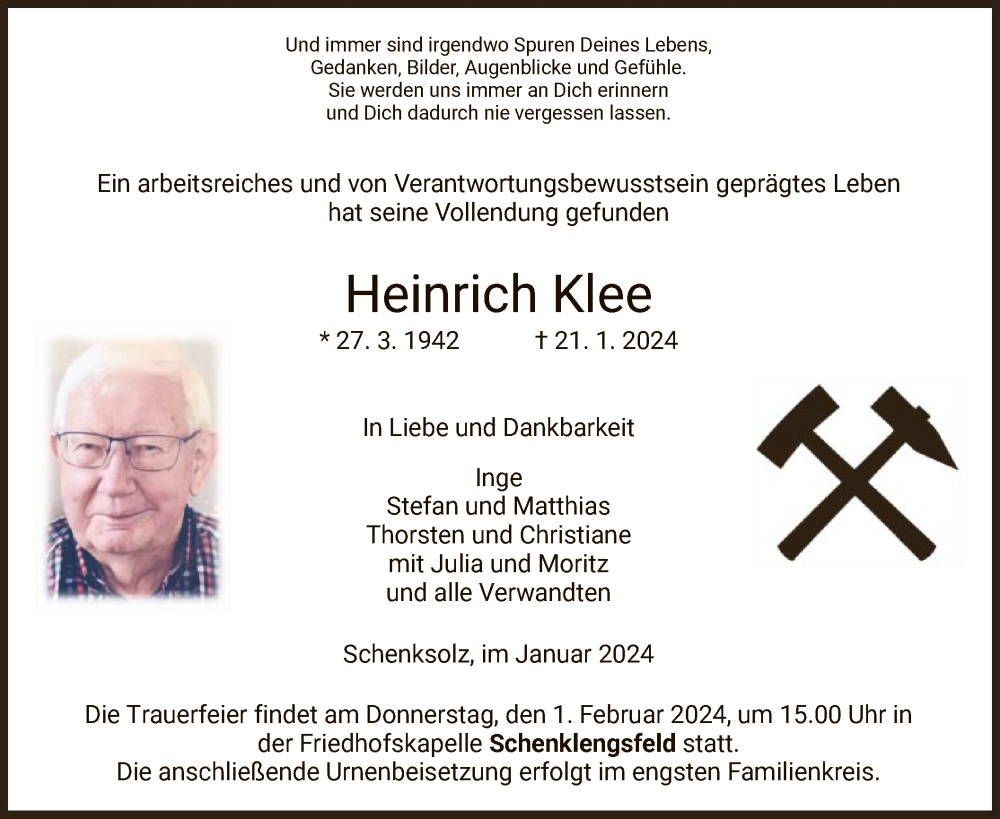  Traueranzeige für Heinrich Klee vom 27.01.2024 aus HZ