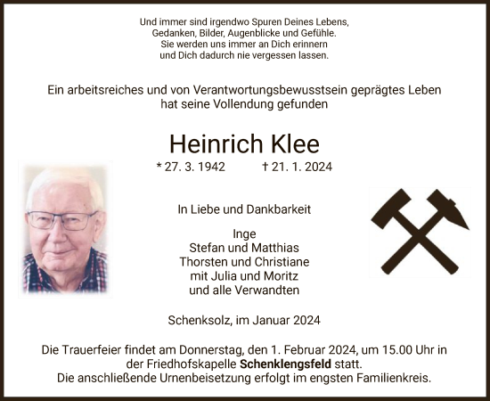 Traueranzeige von Heinrich Klee von HZ