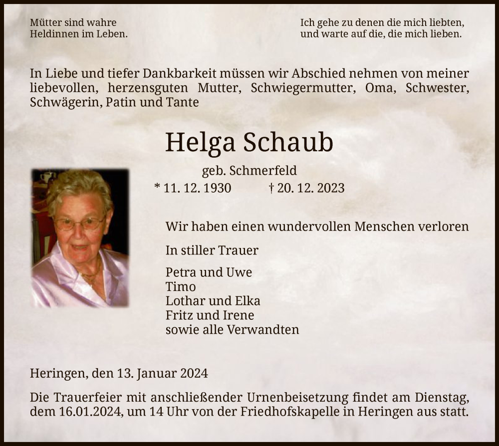  Traueranzeige für Helga Schaub vom 13.01.2024 aus HZHNA