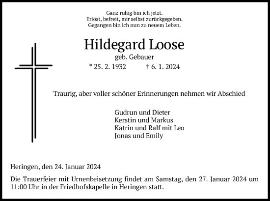 Traueranzeige von Hildegard Loose von HZ