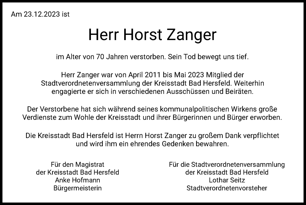  Traueranzeige für Horst Zanger vom 06.01.2024 aus HZ