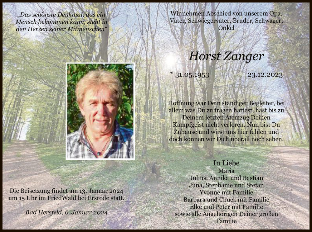  Traueranzeige für Horst Zanger vom 06.01.2024 aus HZ