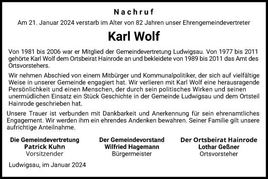 Traueranzeige von Karl Wolf von HZ