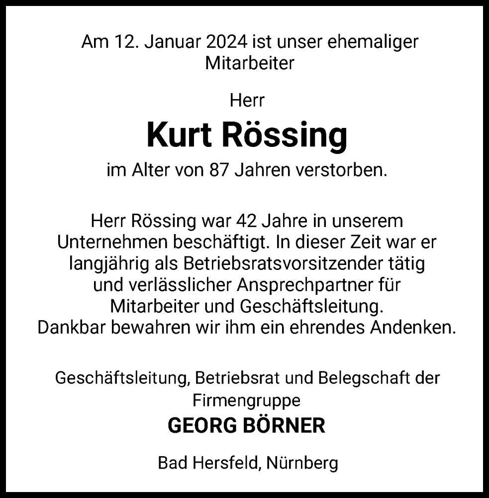  Traueranzeige für Kurt Rössing vom 27.01.2024 aus HZ
