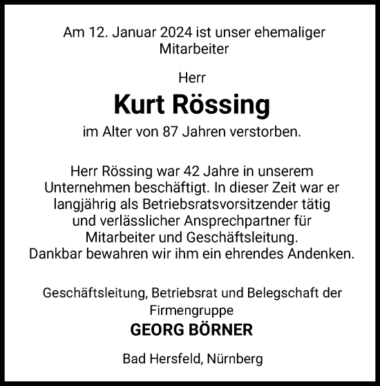 Traueranzeige von Kurt Rössing von HZ