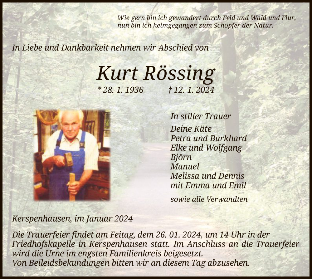  Traueranzeige für Kurt Rössing vom 20.01.2024 aus HZ