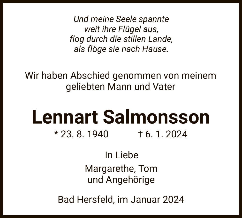  Traueranzeige für Lennart Salmonsson vom 27.01.2024 aus HZ