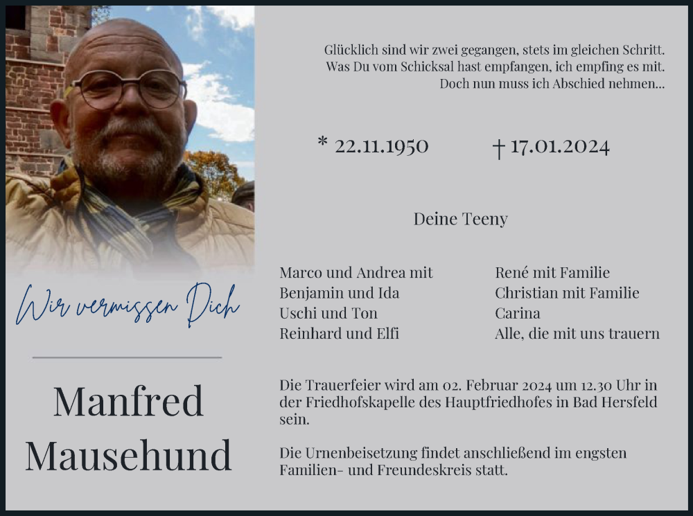 Traueranzeige für Manfred Mausehund vom 27.01.2024 aus HZ