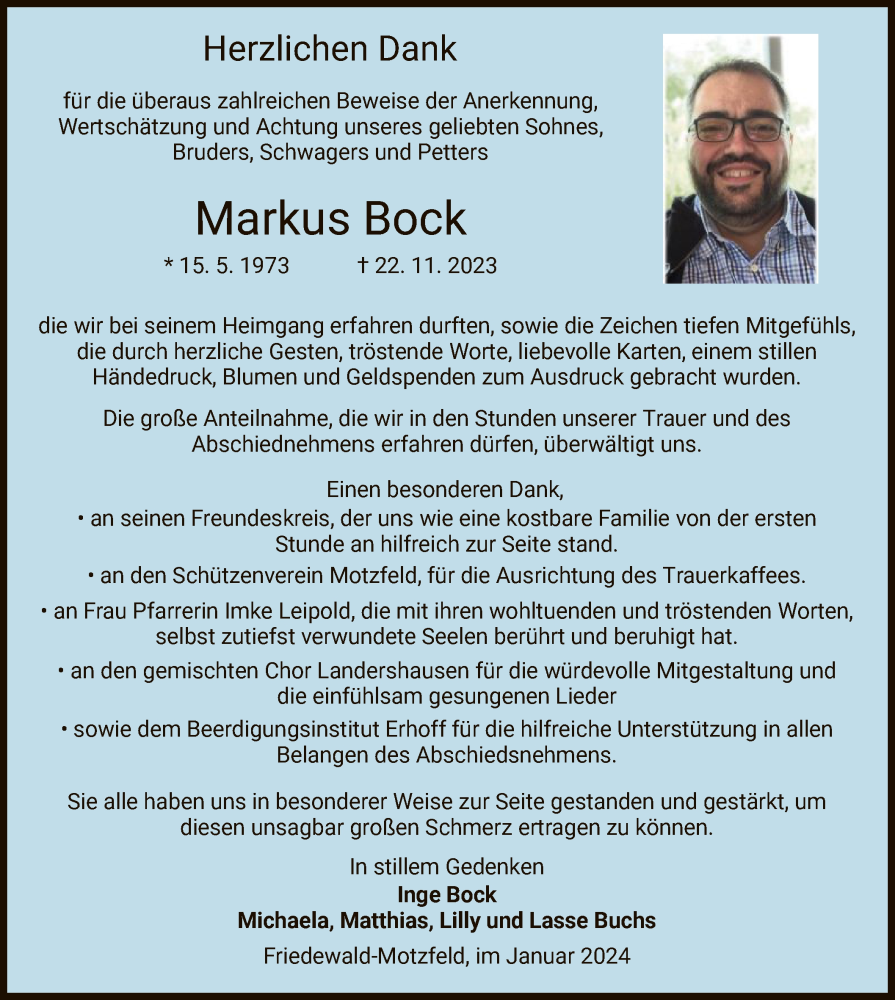  Traueranzeige für Markus Bock vom 20.01.2024 aus HZHNA