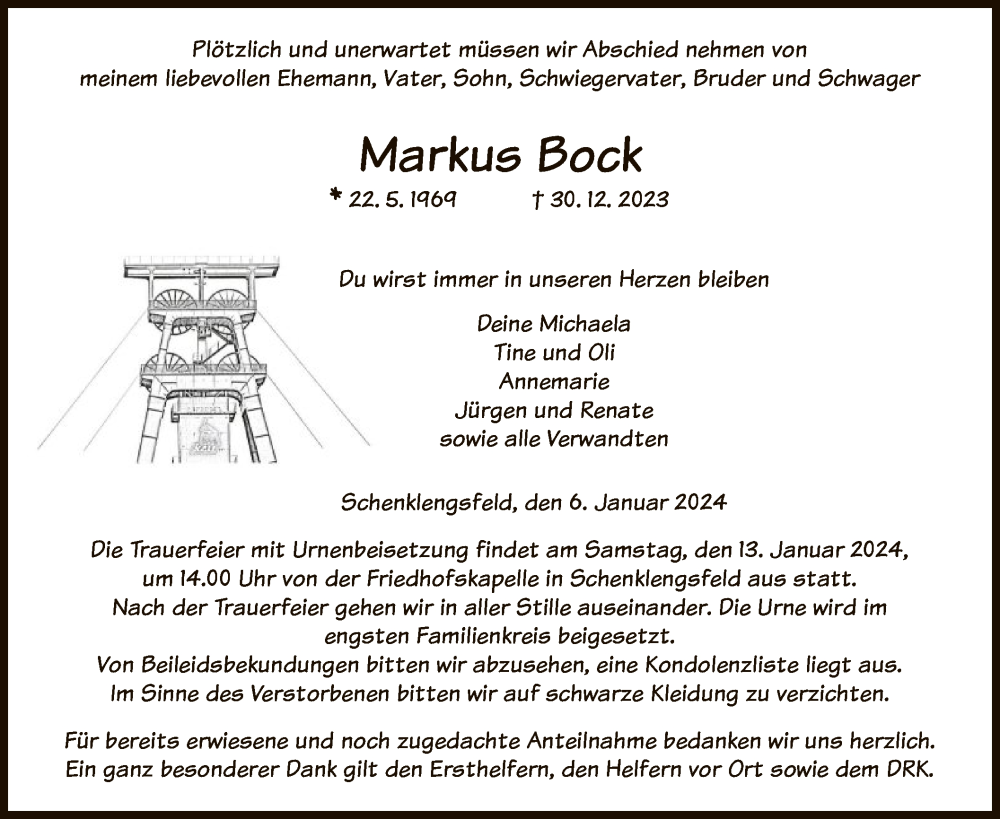  Traueranzeige für Markus Bock vom 06.01.2024 aus HZHNA