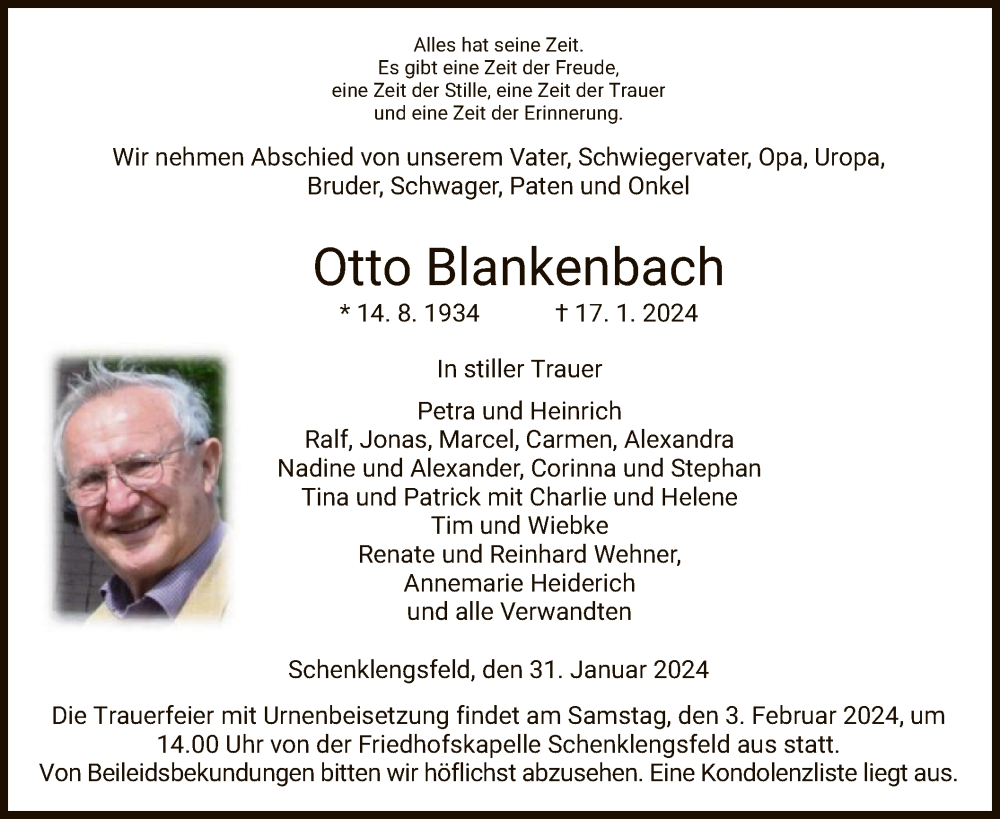  Traueranzeige für Otto Blankenbach vom 31.01.2024 aus HZ
