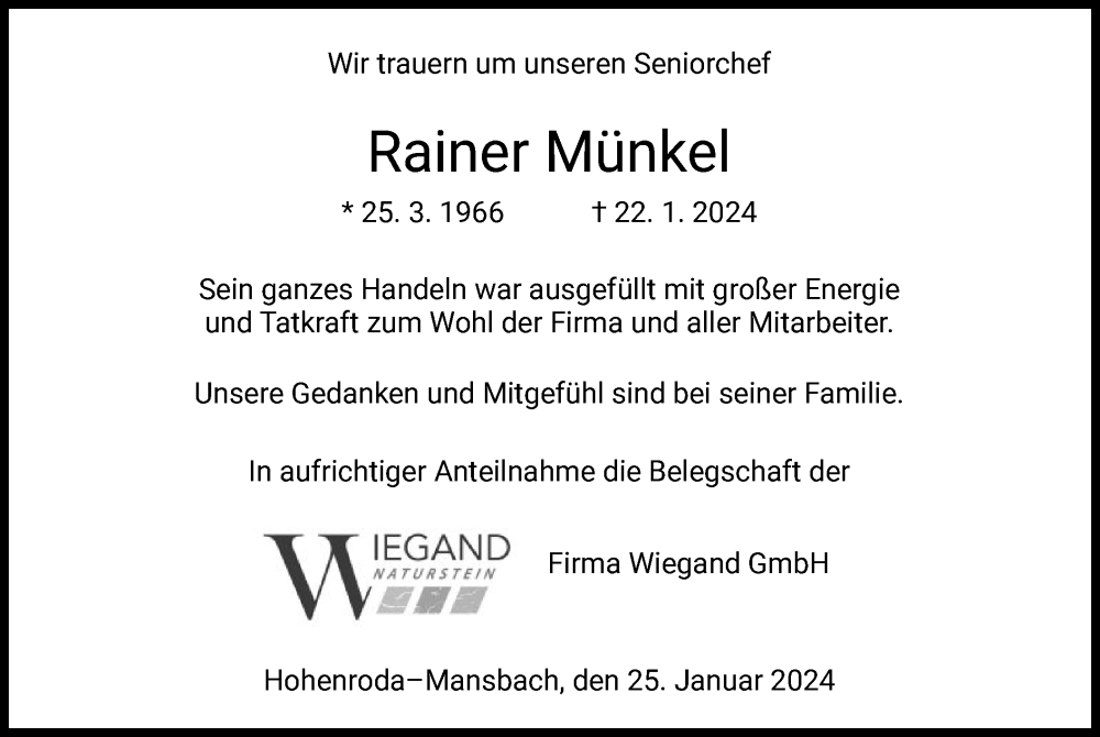  Traueranzeige für Rainer Münkel vom 25.01.2024 aus HZFU