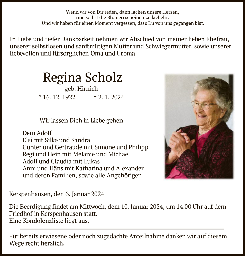  Traueranzeige für Regina Scholz vom 06.01.2024 aus HZ