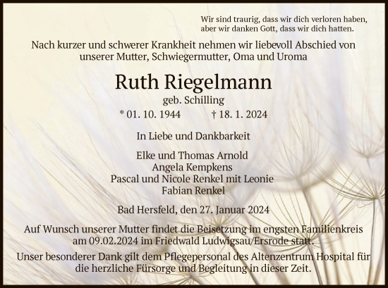 Traueranzeige von Ruth Riegelmann von HZ