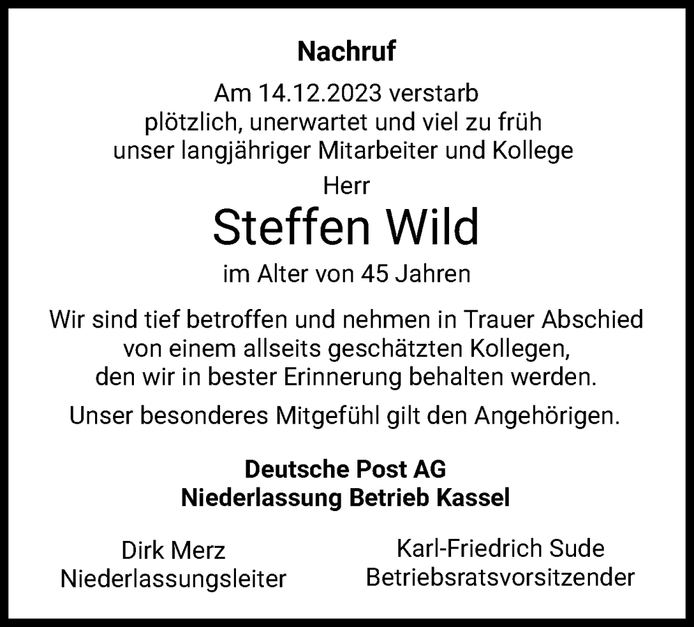  Traueranzeige für Steffen Wild vom 06.01.2024 aus HZ