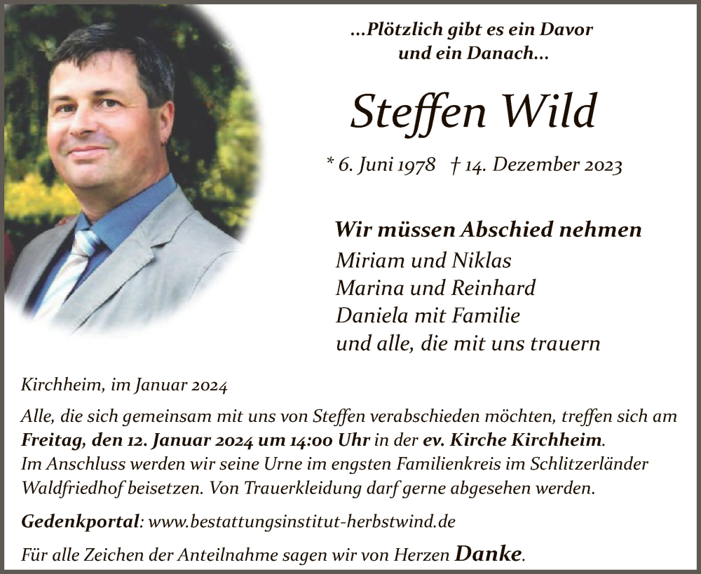  Traueranzeige für Steffen Wild vom 06.01.2024 aus HZ