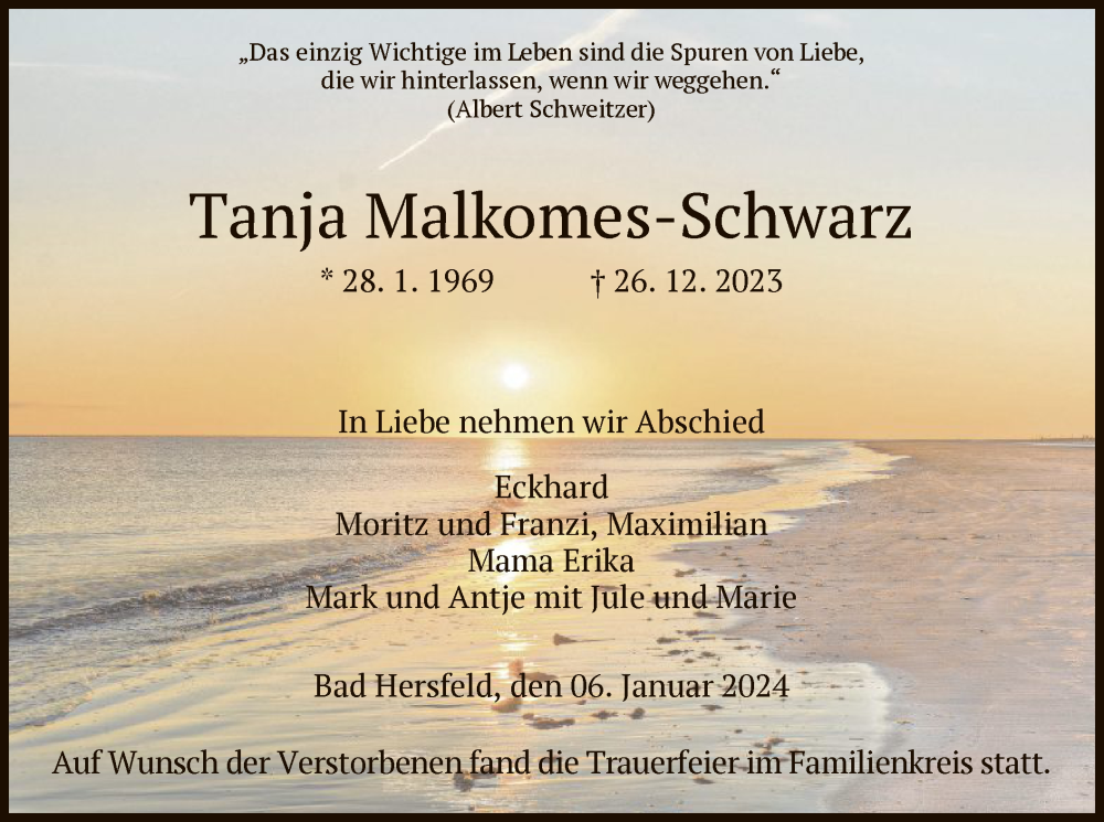  Traueranzeige für Tanja Malkomes-Schwarz vom 06.01.2024 aus HZ